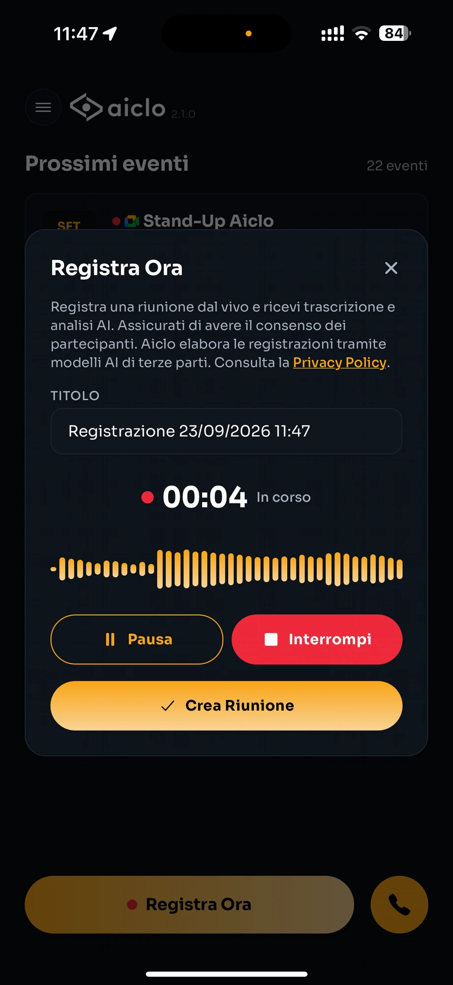 App Aiclo: registrazione di un meeting dal vivo in corso